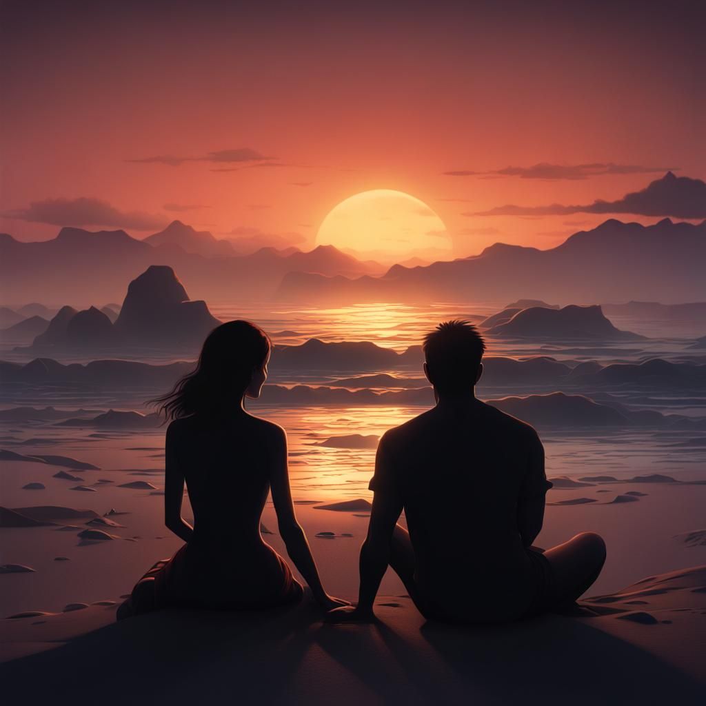 Romantic Sunset Silhouette on Beach, Fantasy Concept Art