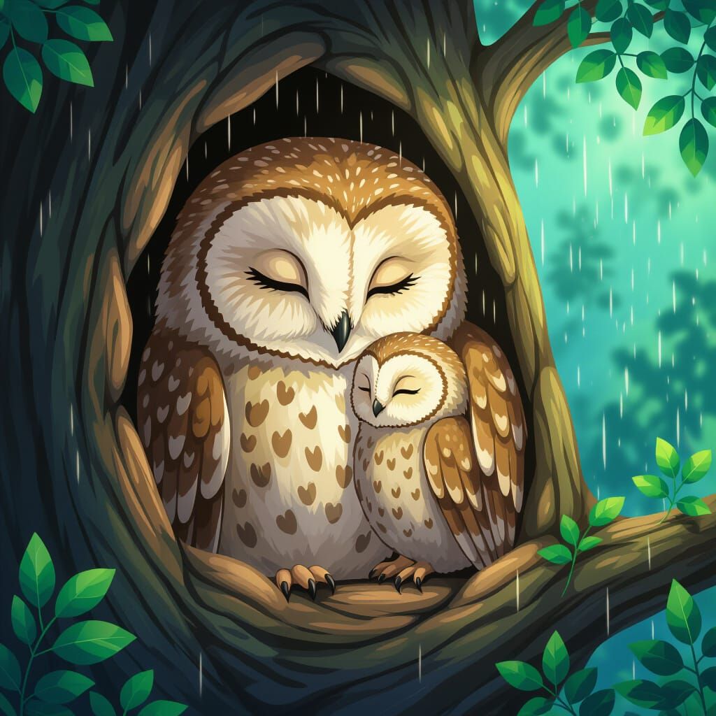 Cozy Mother Owl Snuggles Baby in Rainy Forest: Manga Style