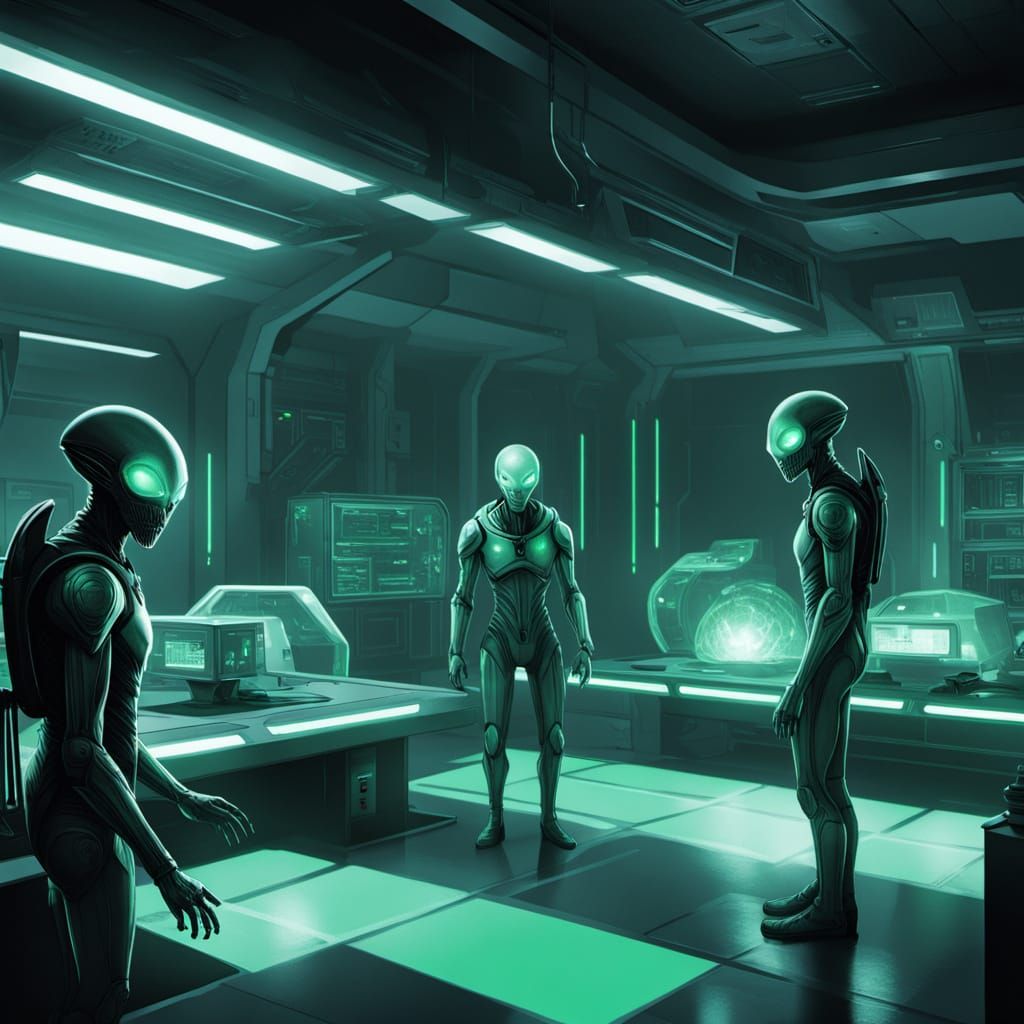 Grey Aliens in Futuristic Lab: Digital Concept Art