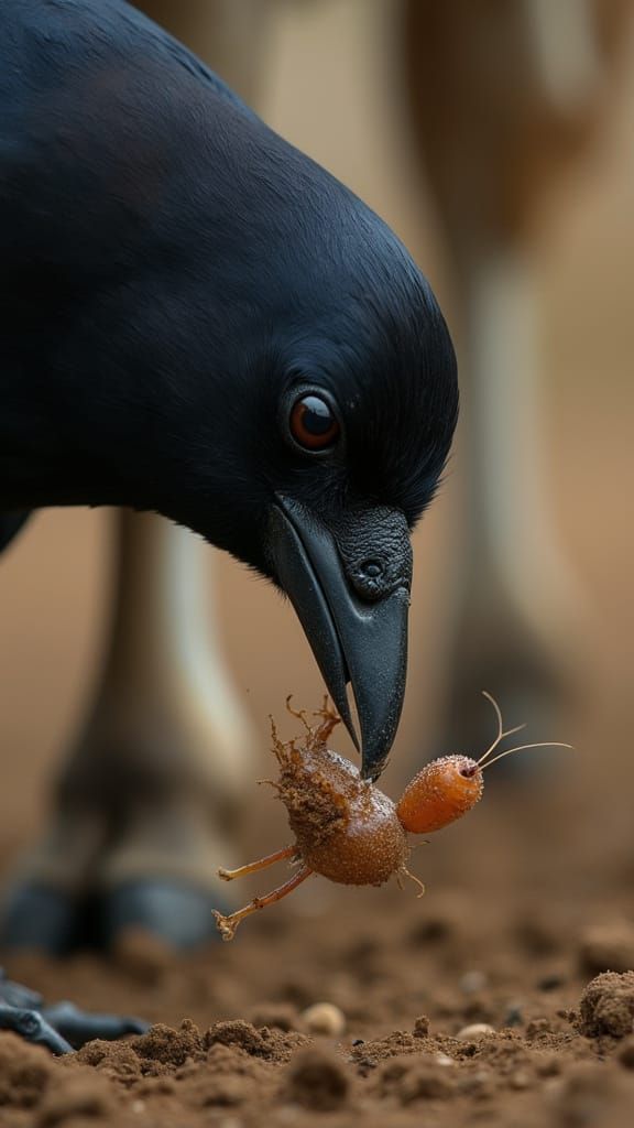 Macro Shot of Crow Removing Leech from Cow