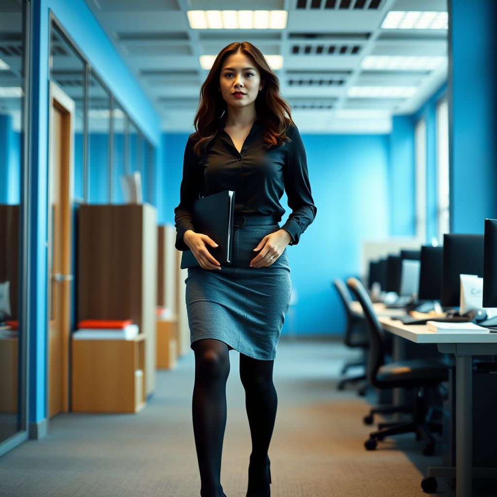 Confident Woman in Blue Workplace: Cinematic Film Still