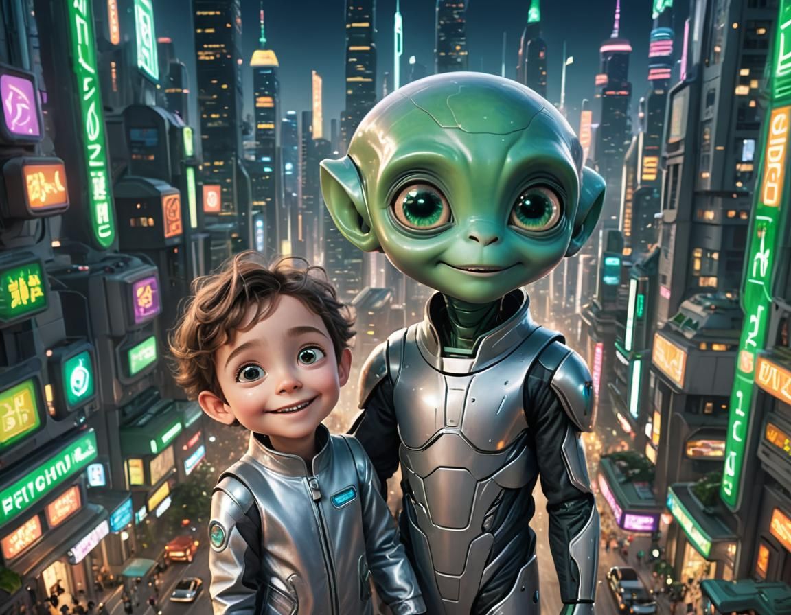 A happy child and a cute alien standing together in a futuristic city.