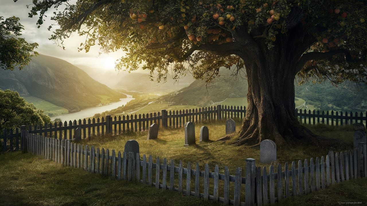 Picturesque Graveyard with Apple Tree in Golden Light