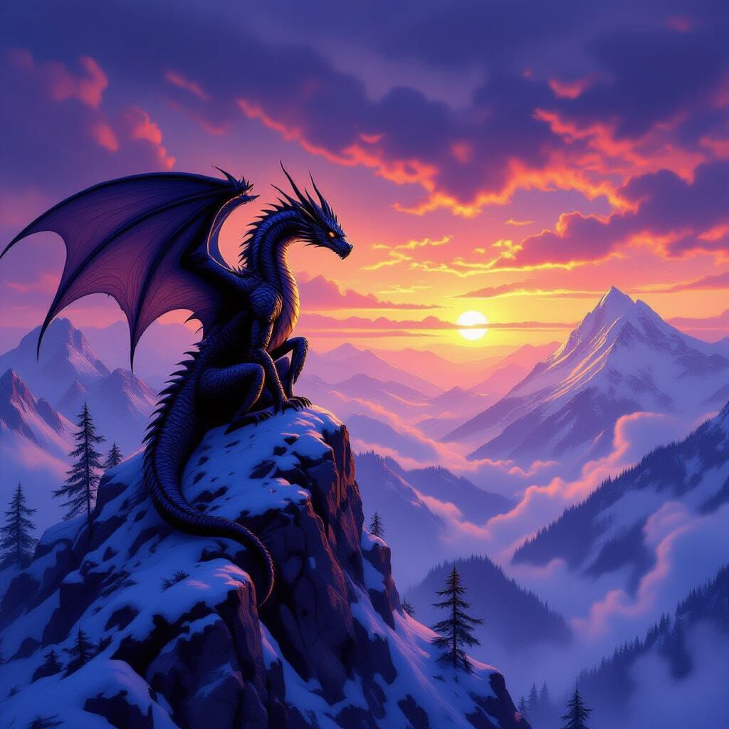 Majestic Obsidian Dragon on Snowy Peak Overlooking Forest