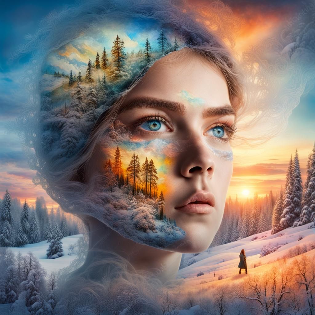 Surreal Winter Double Exposure: Psychedelic Anime Art