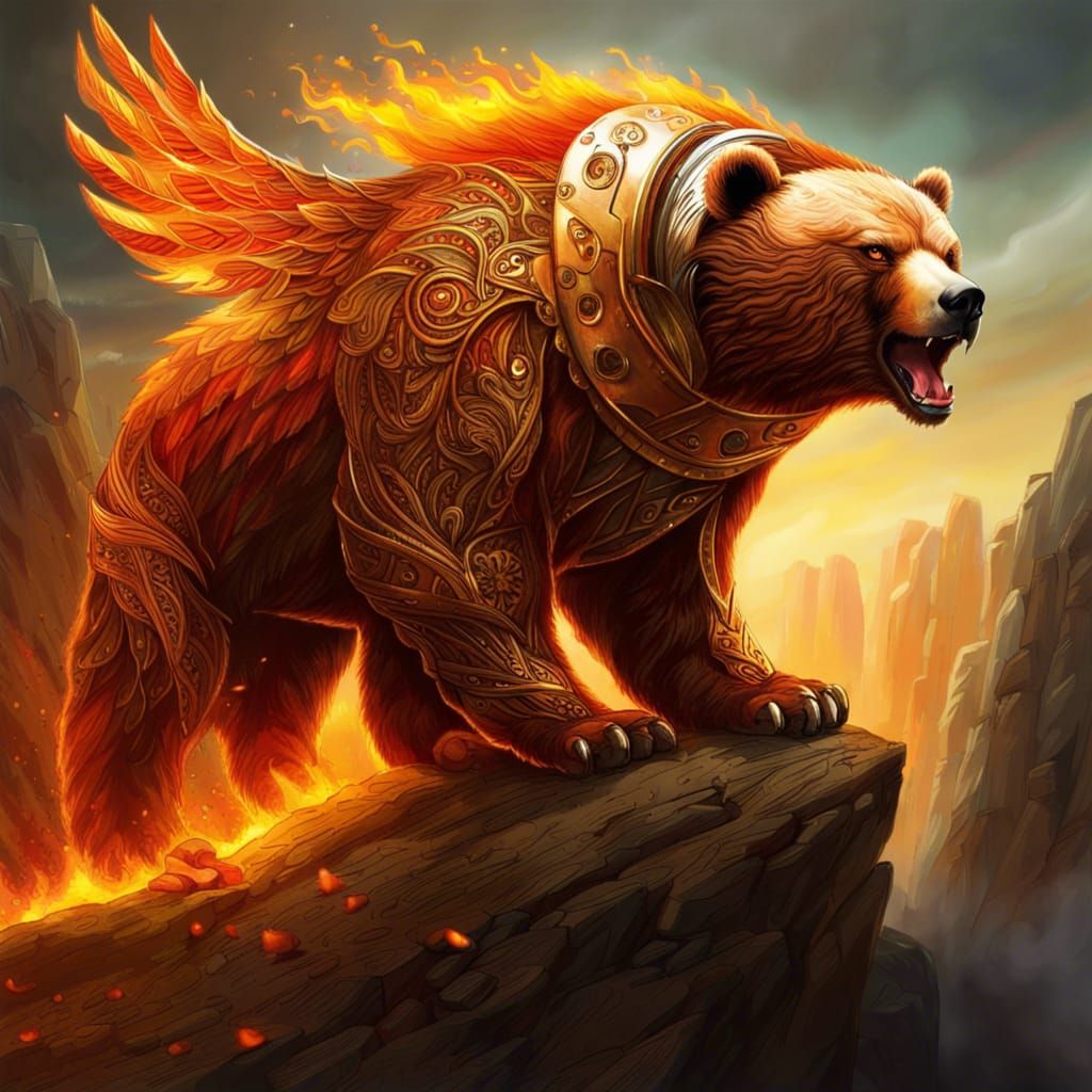 Cybernetic Bear Leaps Towards Fiery Phoenix