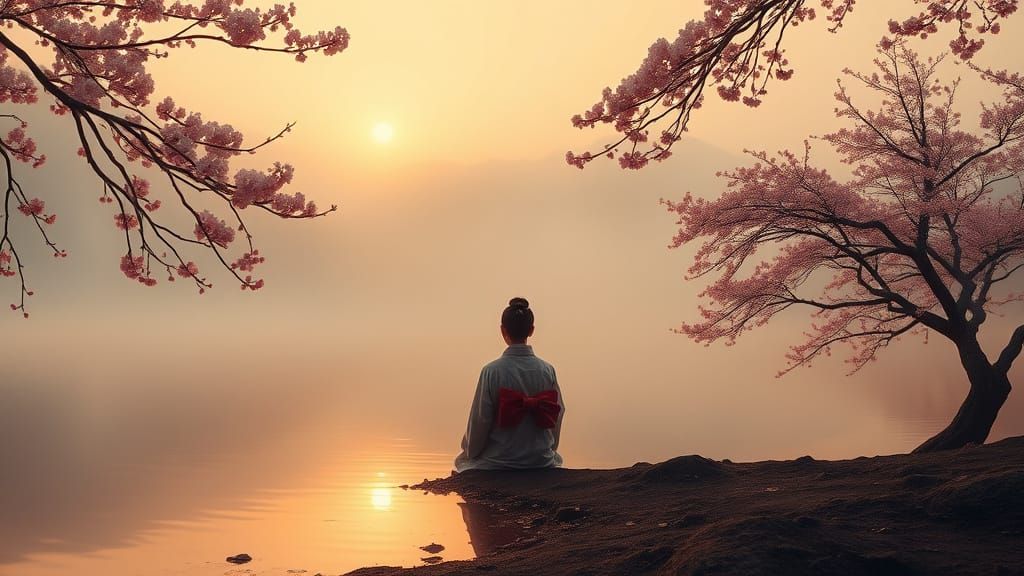 A lone figure meditating by a quiet lake at dawn