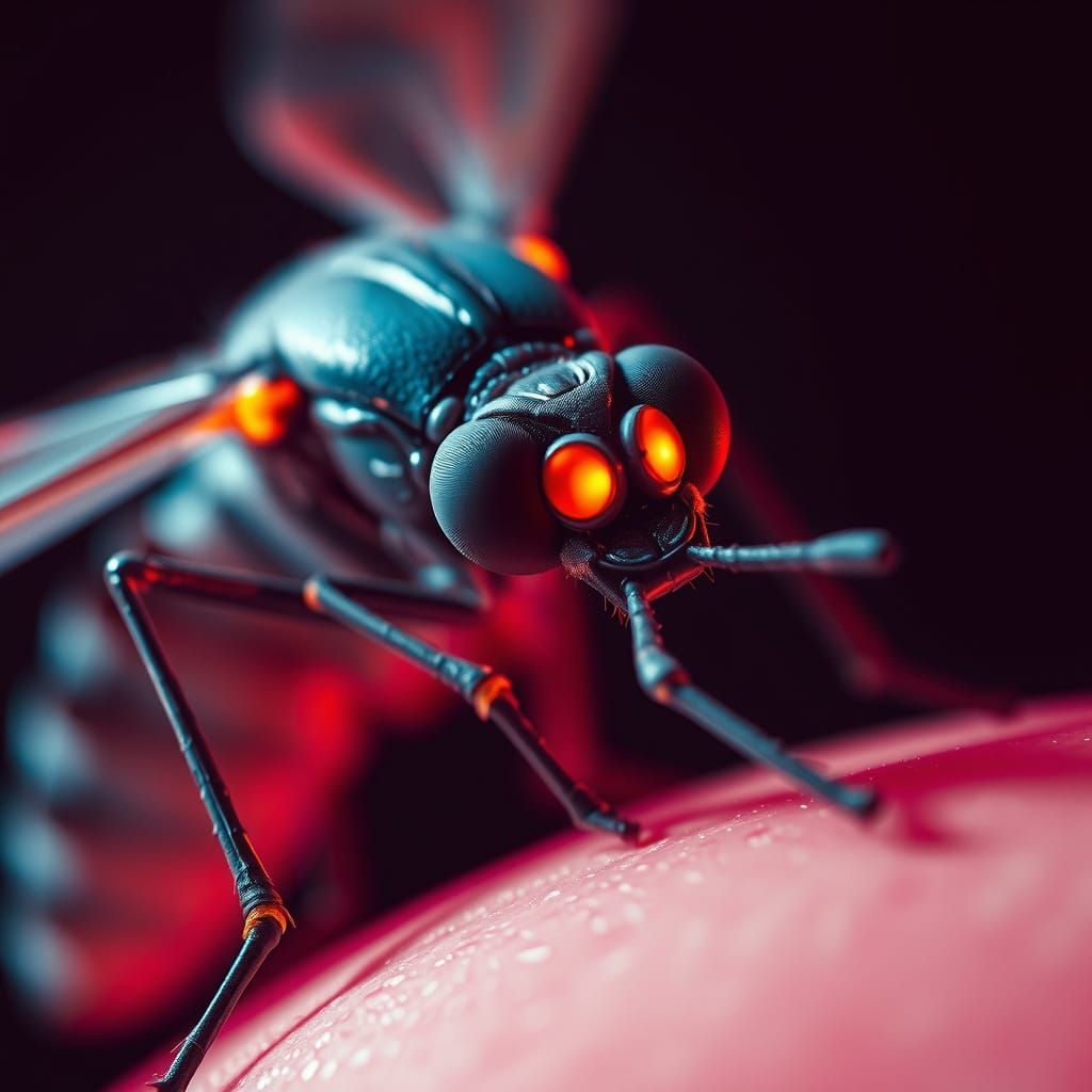 a predatory mosquito attack, POV, 16K, hyperrealism. (therma...