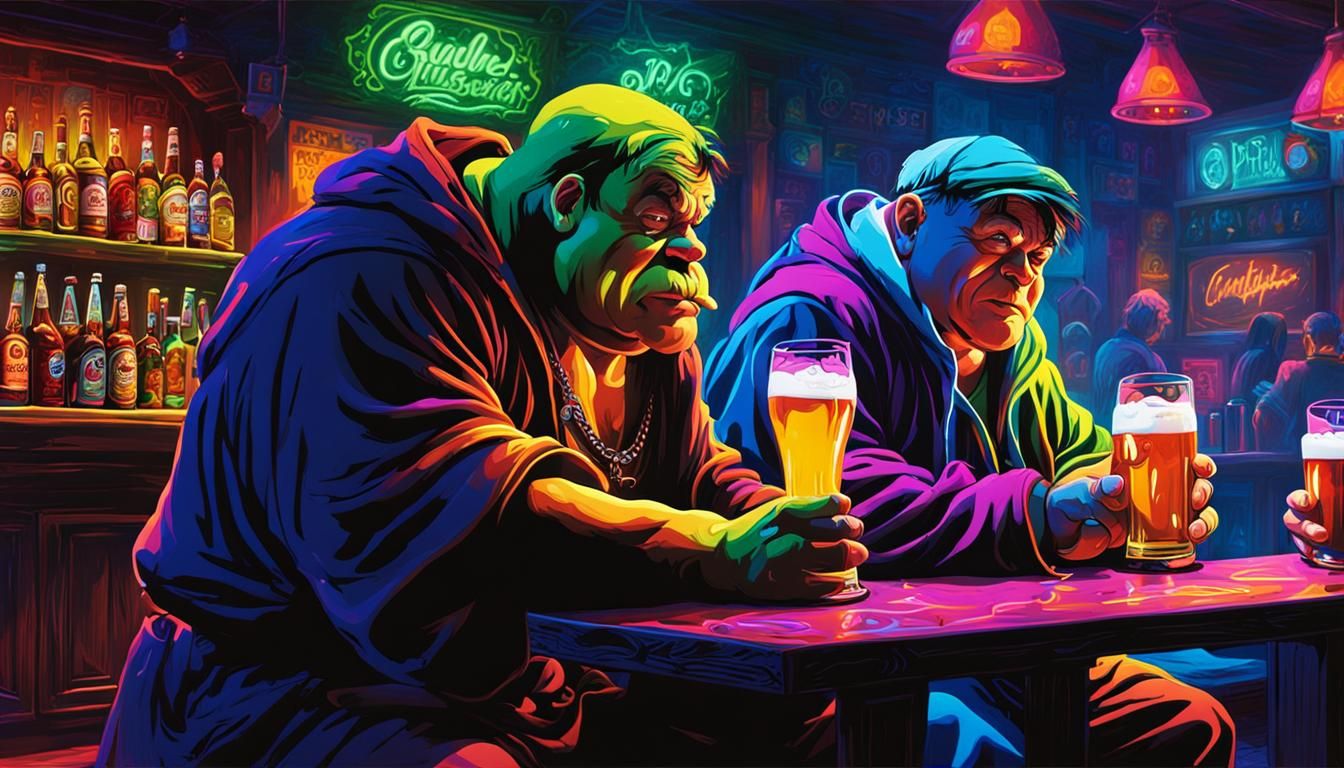 Quasimodo and Igor drinking beer in a bar