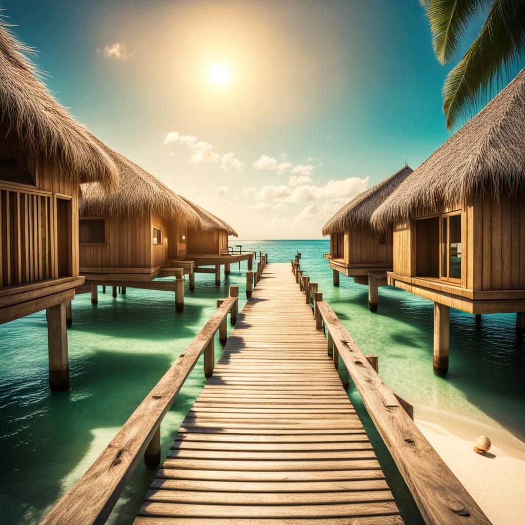 Beach Bungalows in Sunshine: Hyperrealistic Coastal View