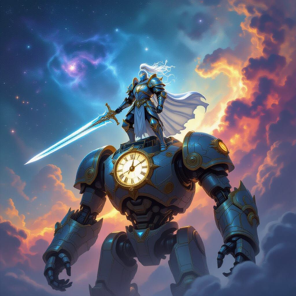 Celestial Knight on Clockwork Golem in Nebula
