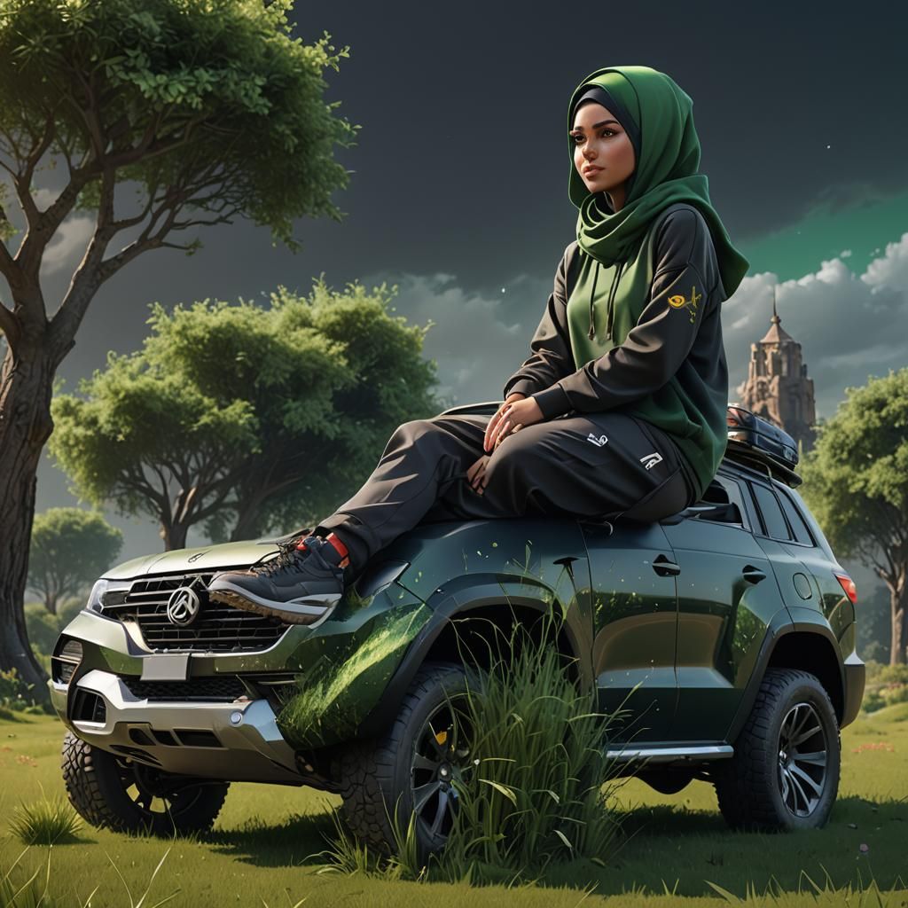 Hijab Woman on Car in Detailed 3D Render