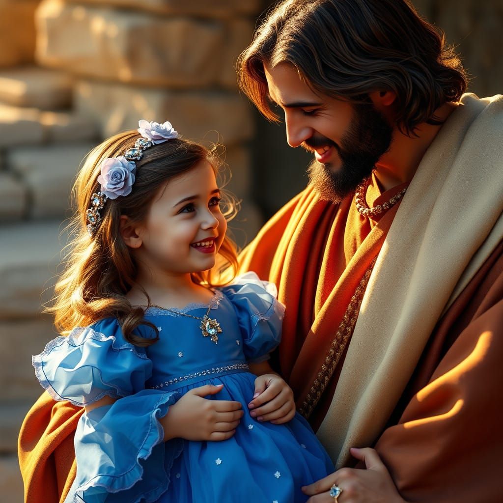 Jesus in Tender Moment with Little Girl in Blue Princess Dre...