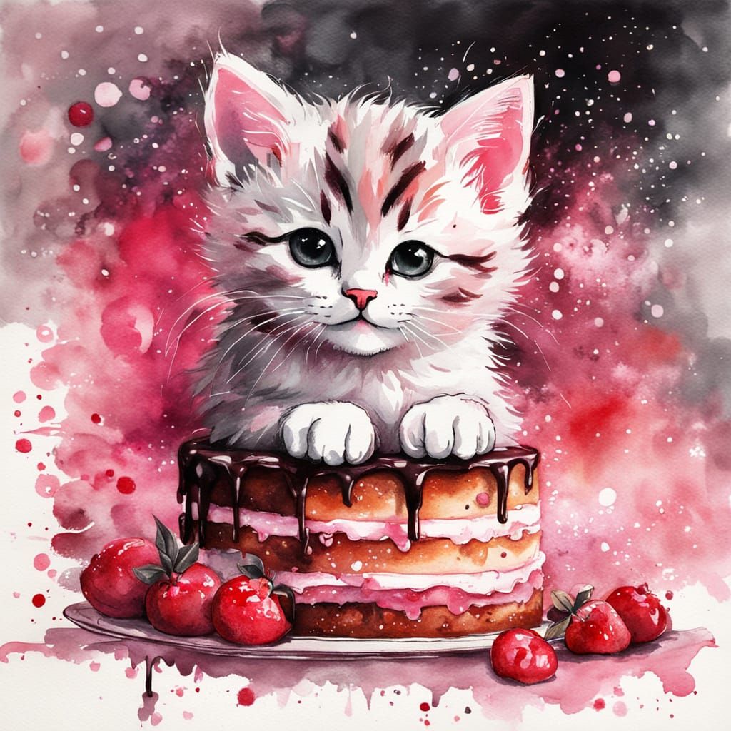 Cute Kitten on Cake in Fantasy Bakery, Soft Ink Painting