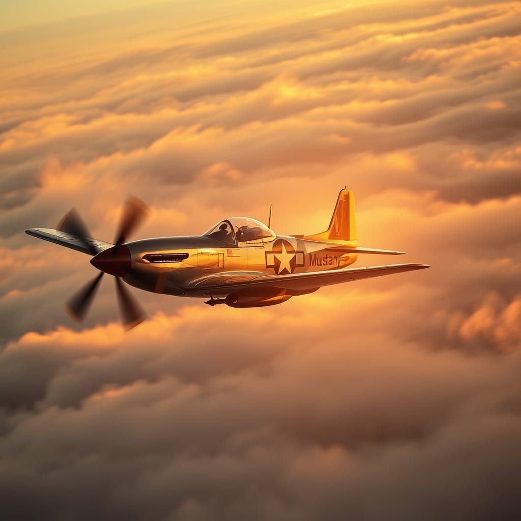 P-51D Mustang Soars through Golden Clouds at Twilight