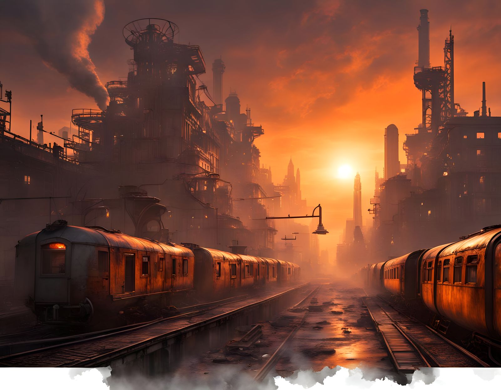 Steampunk City Sunrise in Dystopian Orange