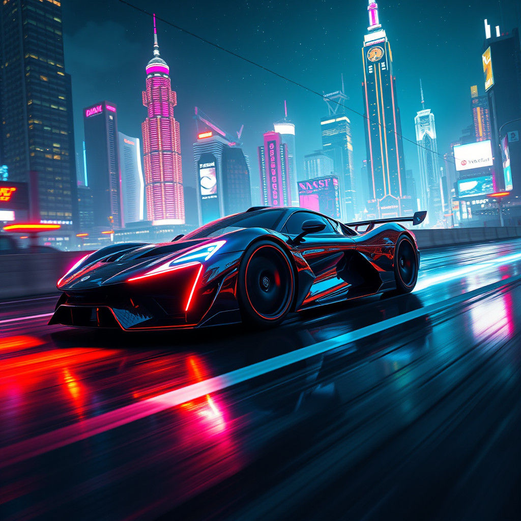 Futuristic Racing Car Speeds Through Neon City