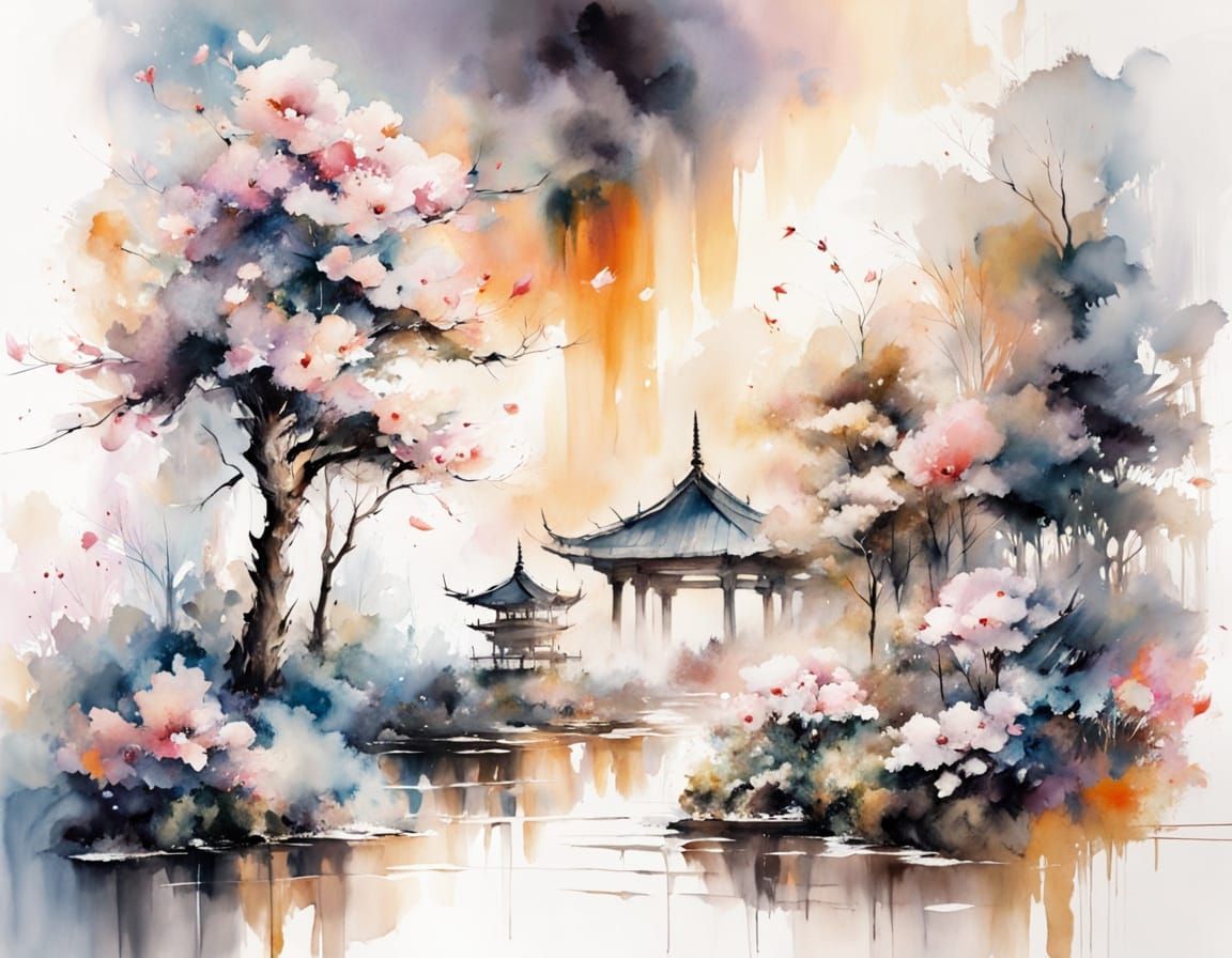 Cherry Blossom Path in Watercolor Style