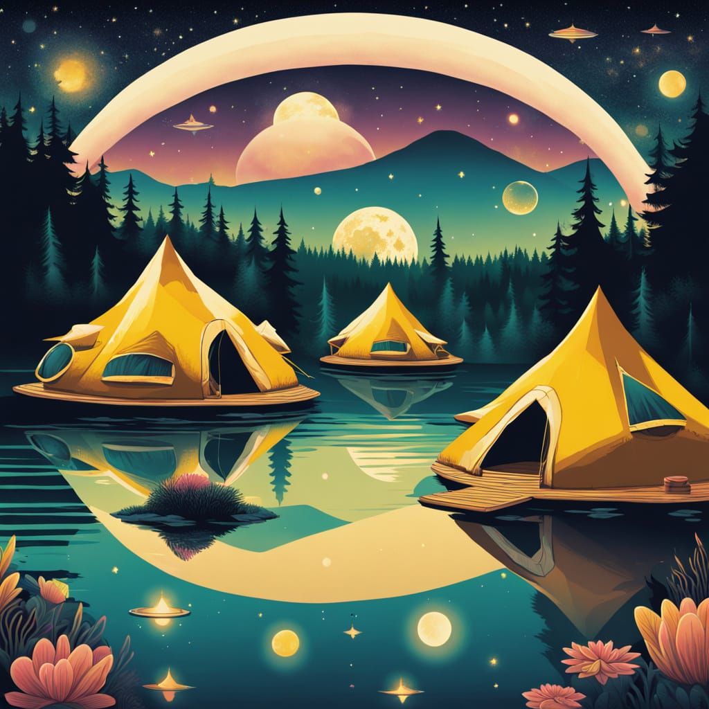 Vintage Whimsy: Tents by a Serene Lake with a Shimmering UFO