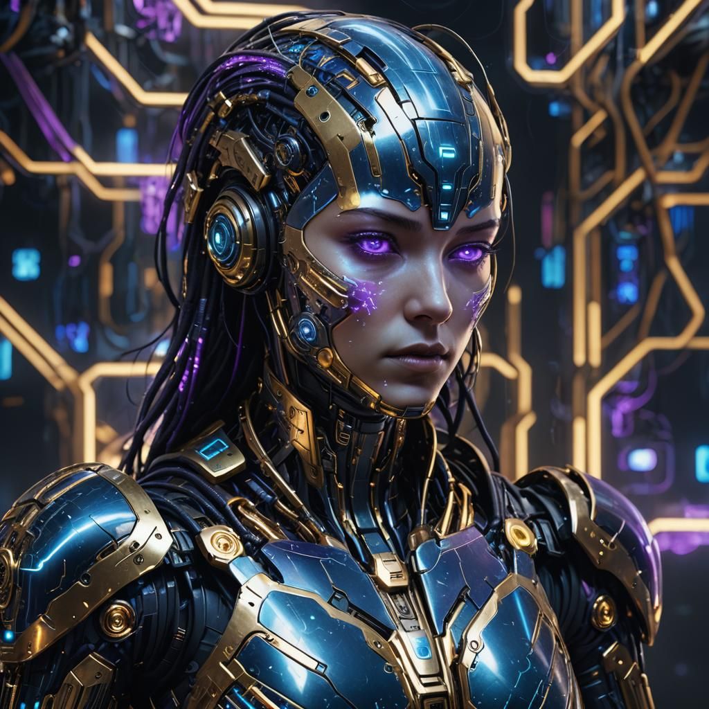 Cyberpunk AI Entity Emerges from Darkness