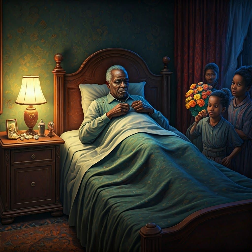 Old Man Surrounded by Family: Detailed Matte Painting