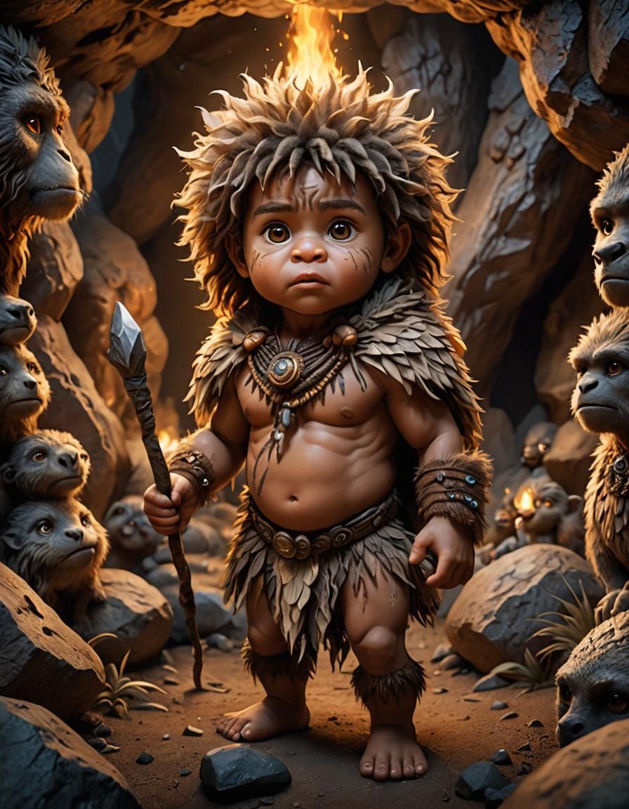 Intricate Prehistoric Baby Caveman in Detailed Cave