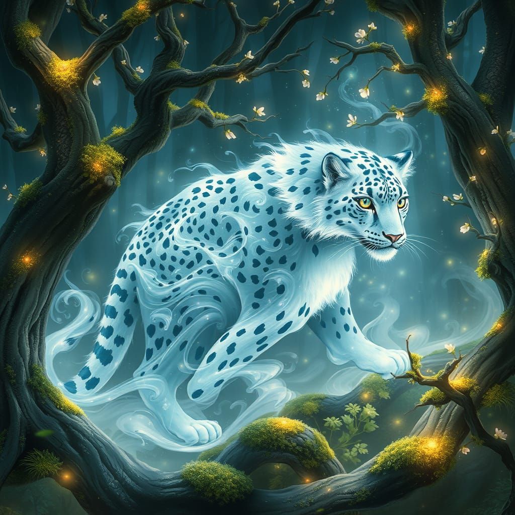 Mystical Snow Leopard Spirit in Whimsical Art Nouveau Style