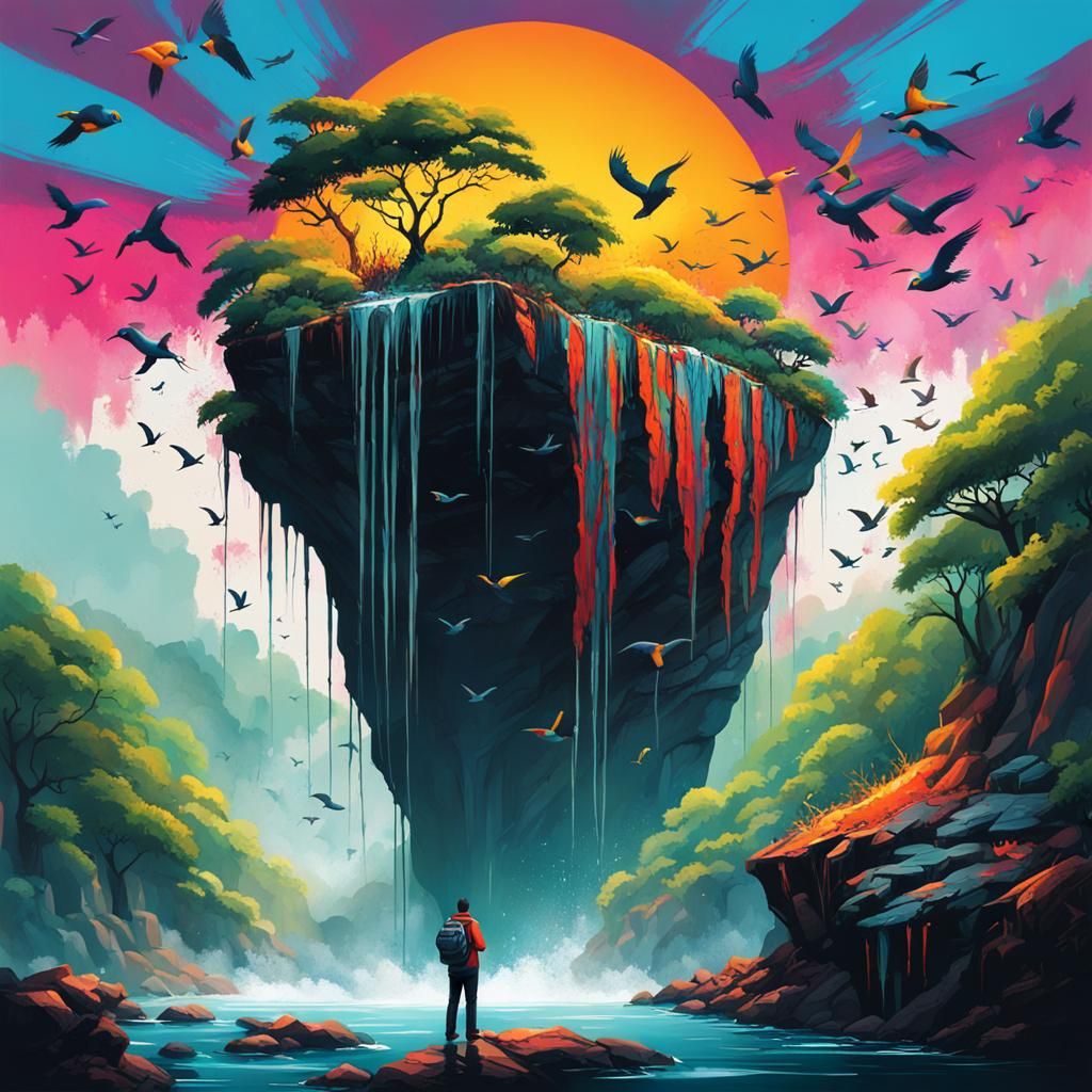Jungle Sunrise: Man on Cliff in Graffiti Art Style