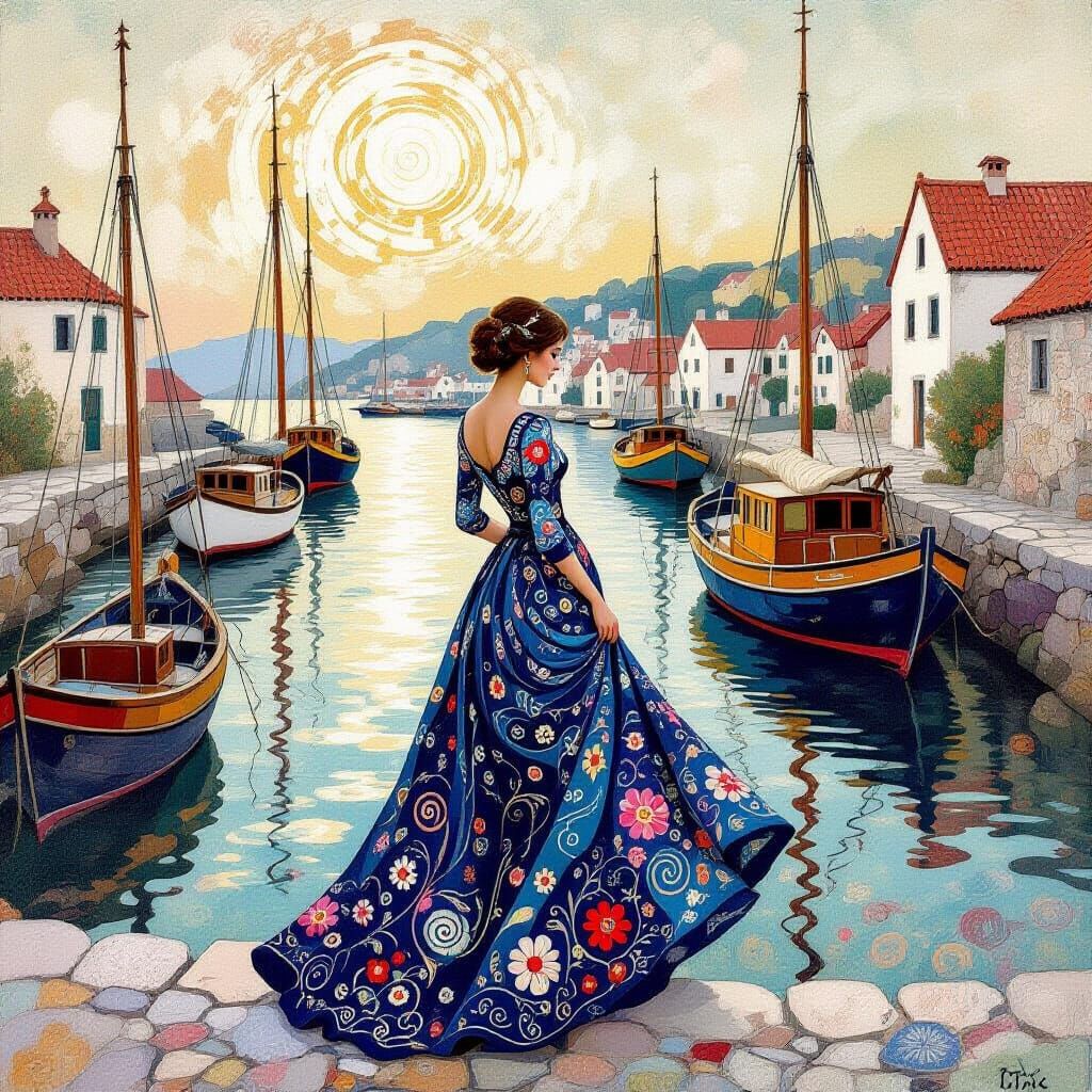 Woman at Quaint Harbor in Dark Folk Art Style