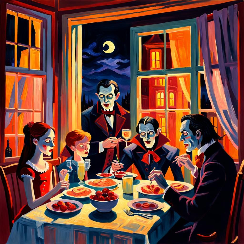 Warm Family Supper in a Cozy Fauvist Evening Scene