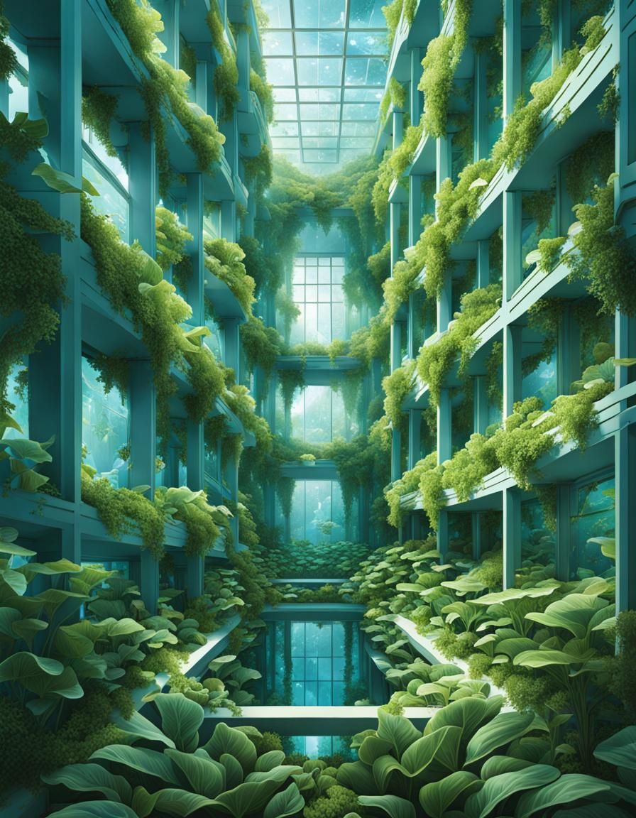 Surreal Isometric Tower Interior with Jungle Salad