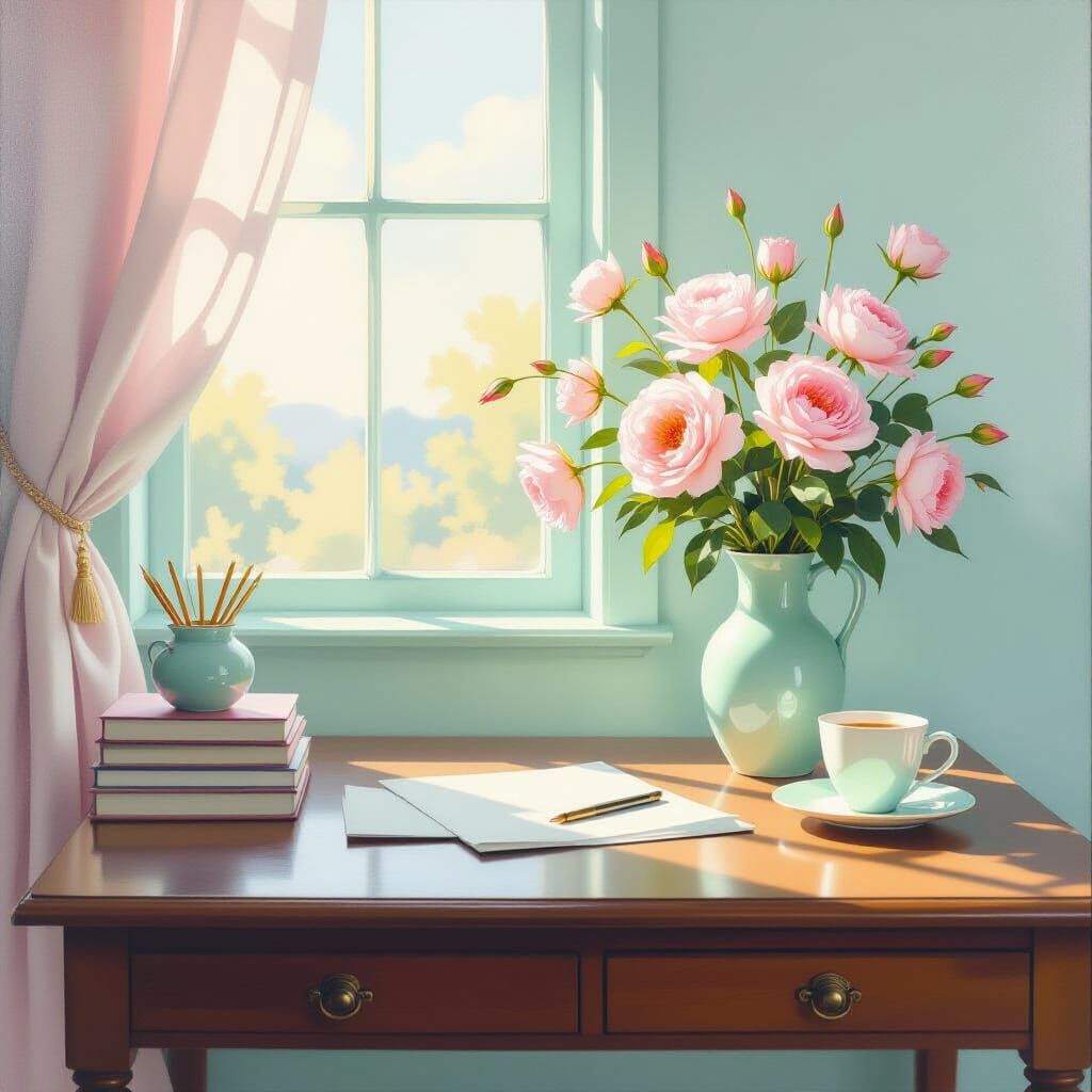 Ethereal Minimalist Desk Painting with 60s Elegance