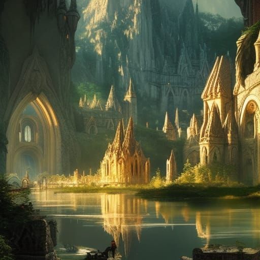 Elven City of Marble and Roses in Summer Sunlight