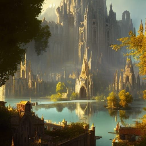 Elven City of Marble and Roses in Summer Sunlight