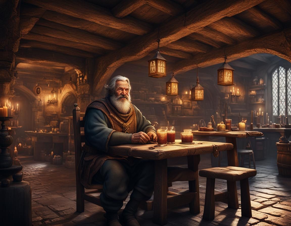 Grinning Old Man in Medieval Inn: Fantasy Concept Art