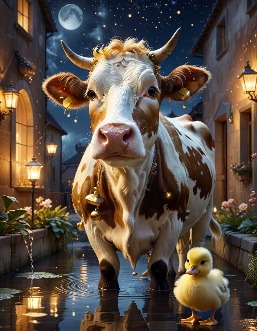 Cow with Curlers in Moonlit Courtyard: Surreal Art