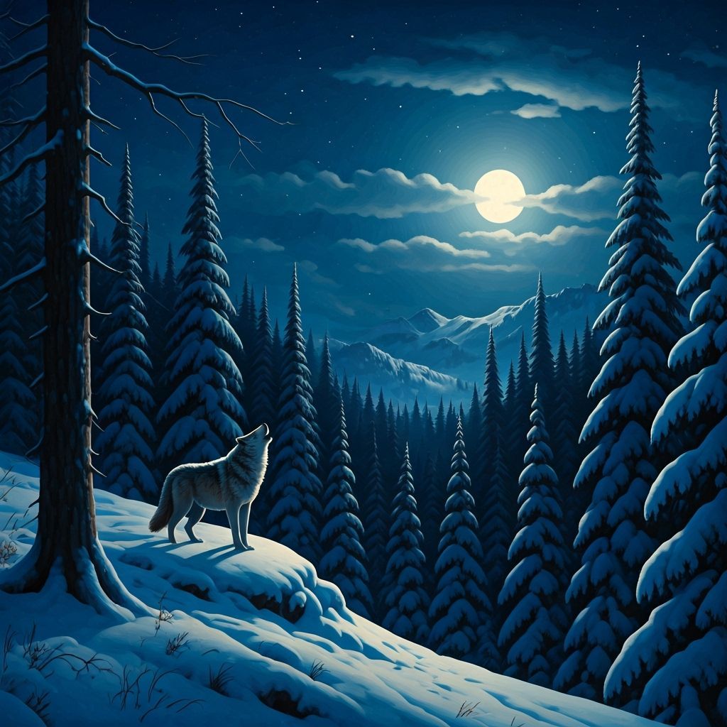 Wolf Howling at Moon in Classical Wildlife Painting Style