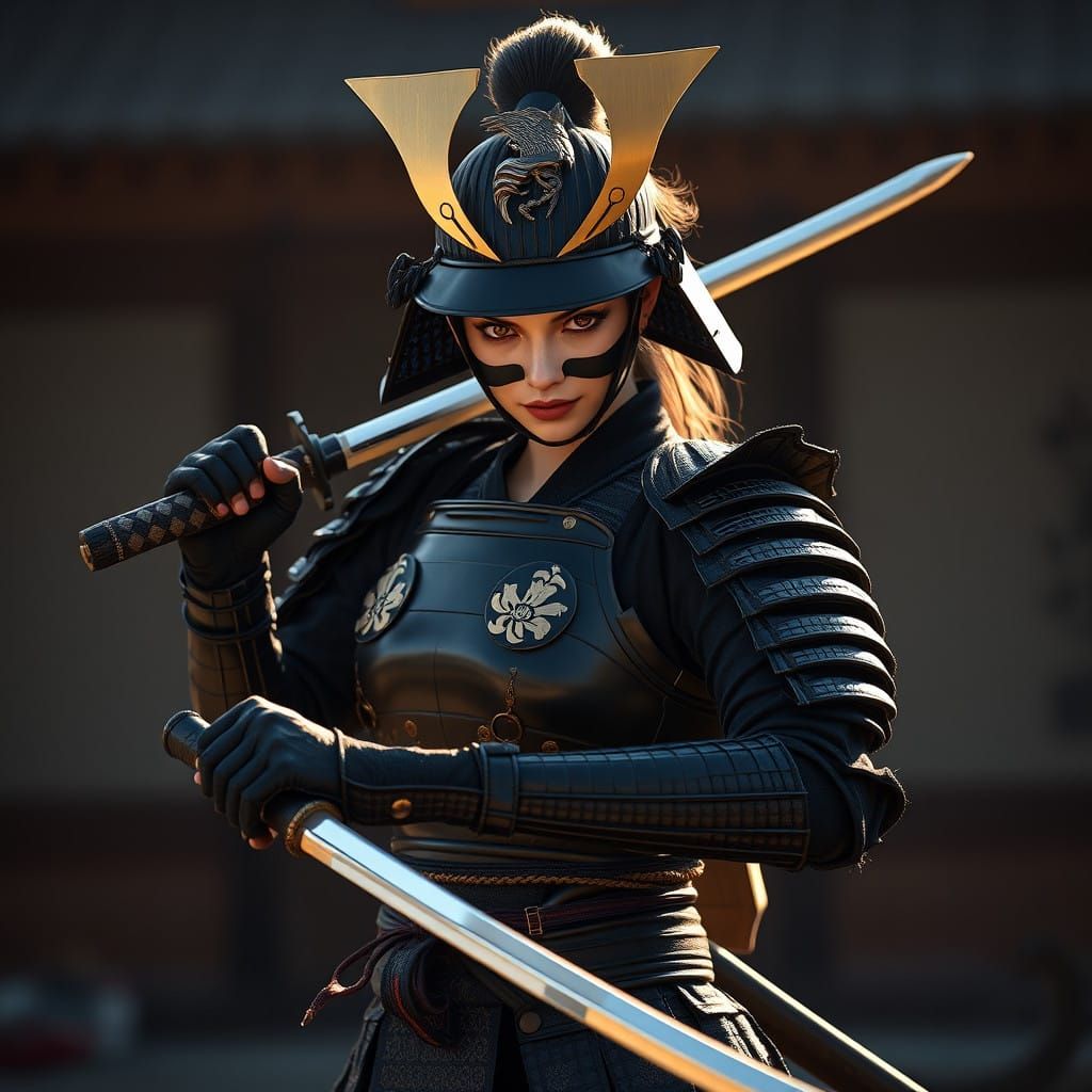 Hyper Realistic Female Samurai Warrior in Elegantly Tailored...
