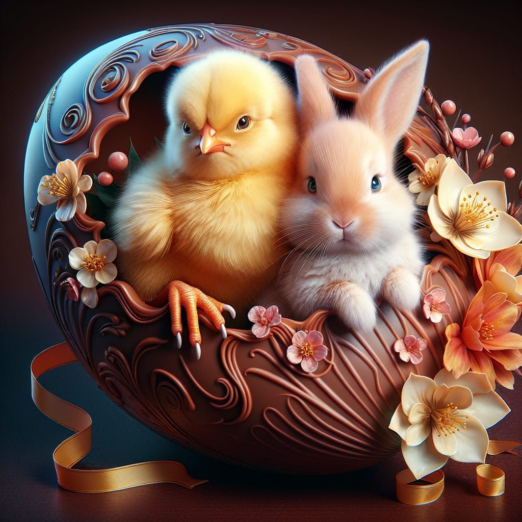 an adorable baby yellow chick and white baby rabbit sitting in a colorful chocolate easter egg. Adorned with the majesty...