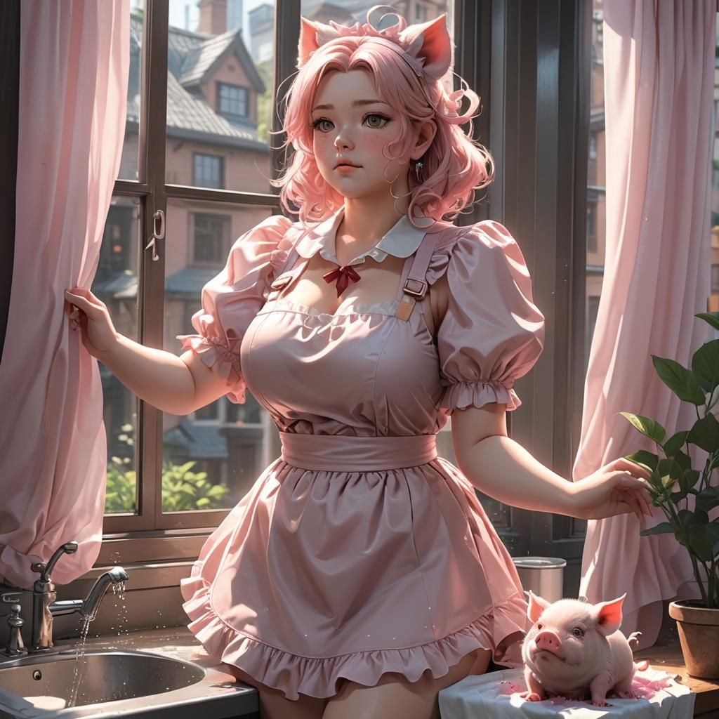 Voluptuous Pig Maid Washing Windows in 3D Anime Style