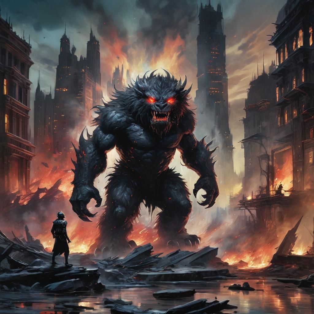 Scared Monster in Burning City: Watercolor Style