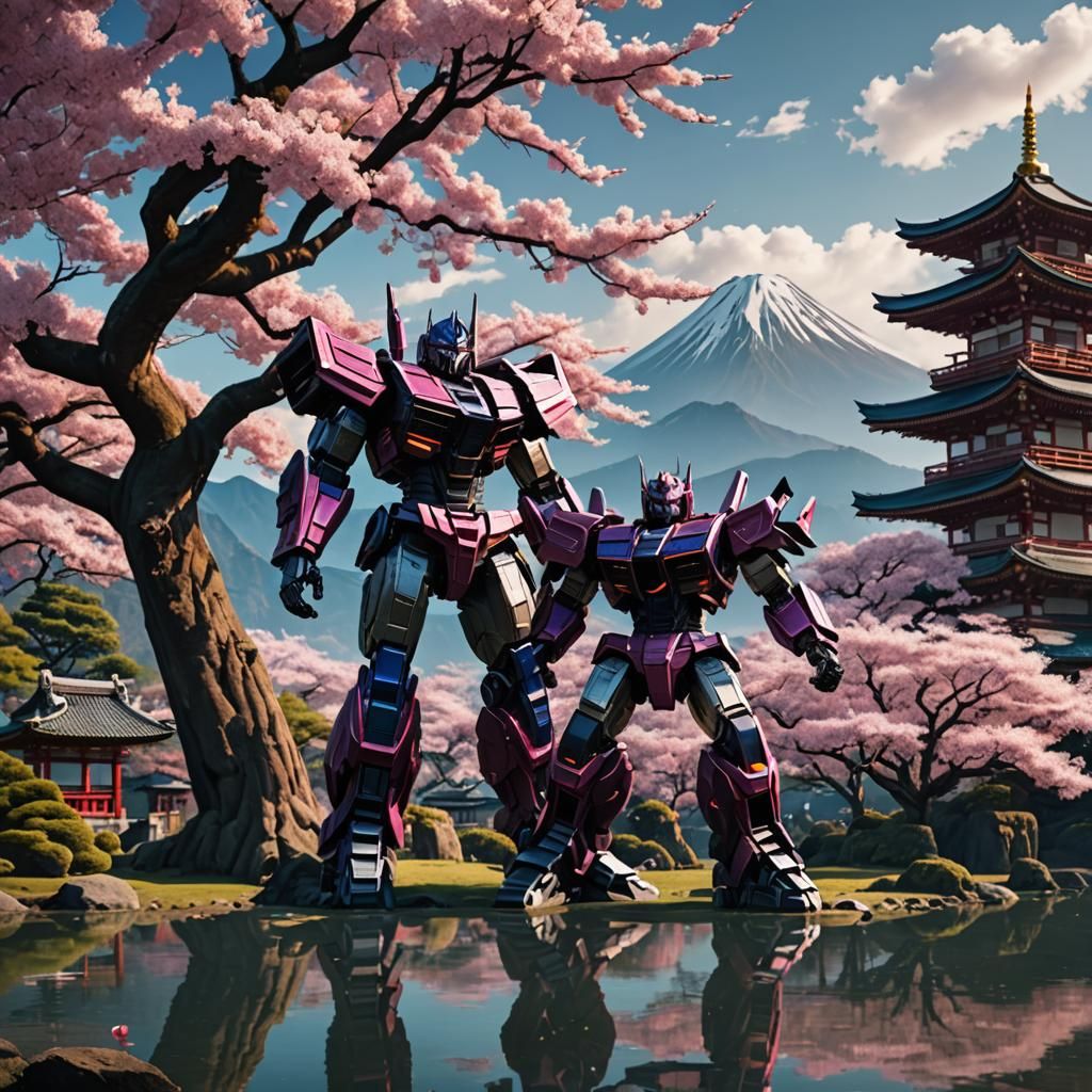 Megatron G1 Faces Sakura Tree: Detailed Matte Painting