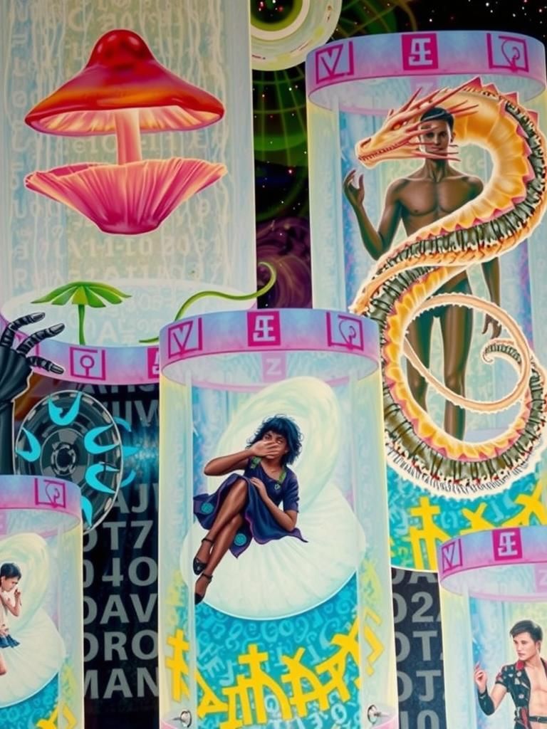 Cyborg, Dragon, and Hibernating Figures in Futuristic Dreams...