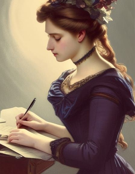 Victorian Woman Writing Letter, Detailed Art Nouveau Portrai...