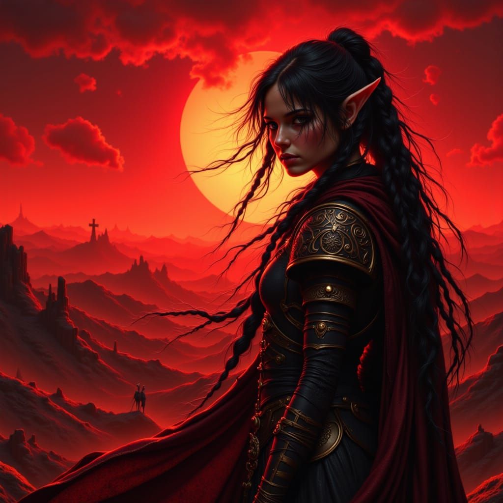 Elven Huntress Silhouetted in a Dark Fantasy Landscape