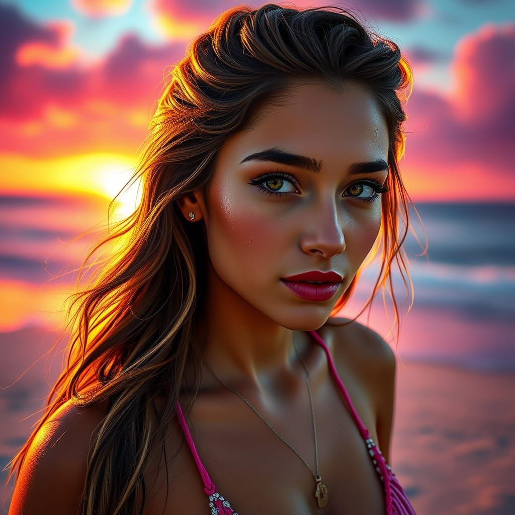 Hyperrealistic Beach Goddess in Tropical Sunset Glow