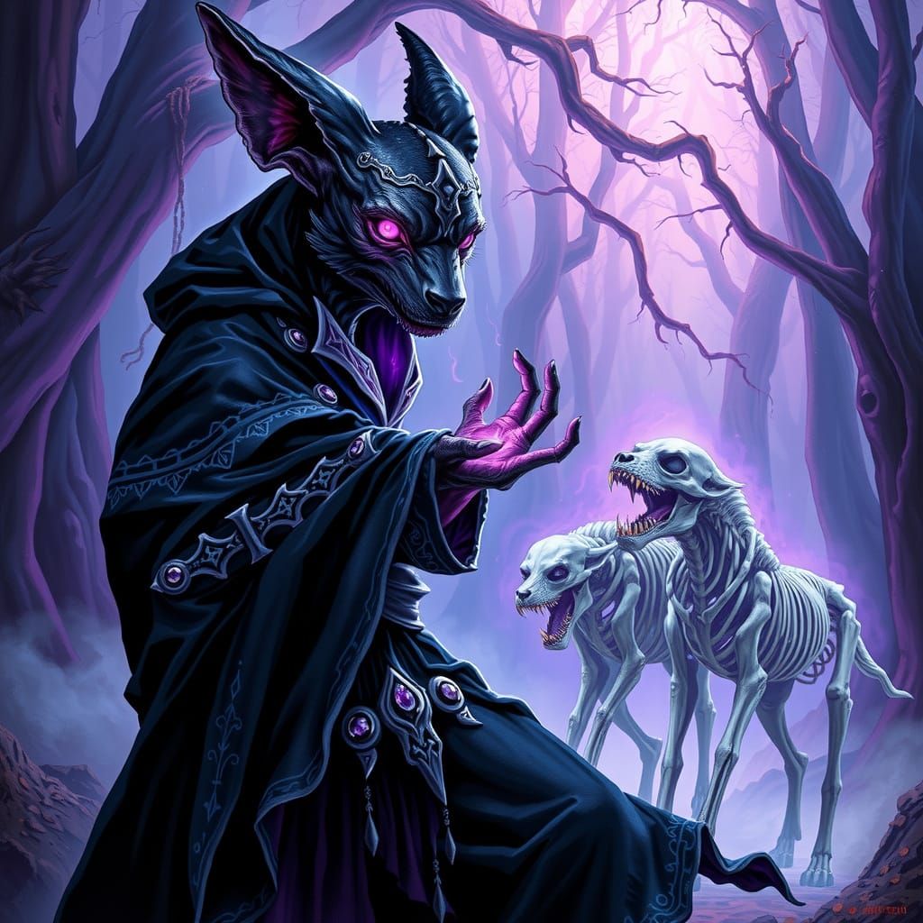 Surreal Dark Fantasy Scene: Necromancer Summoning Skeletal H...