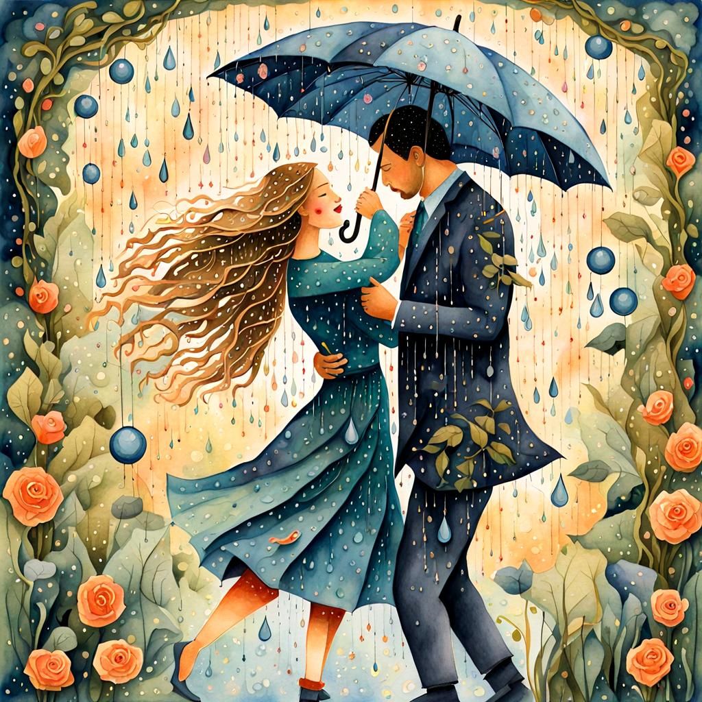 Couple Dancing in Rainy Folk Surrealism Illustration