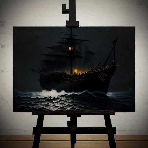 Black Pirate Ship Painting with Golden Highlights