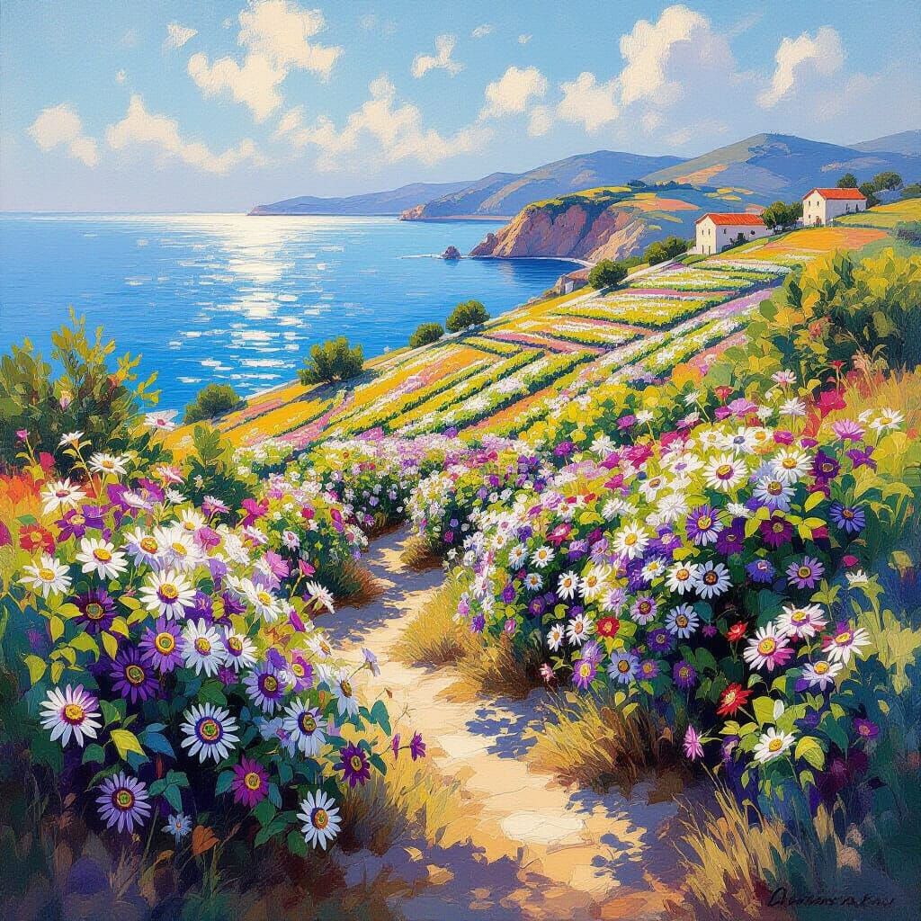 Vibrant Passionflower Hills Meet Shimmering Sea